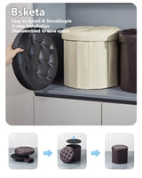 Bsketa Round Storage Ottoman, 14" Folding Leather Foot Rest Stool,Brown