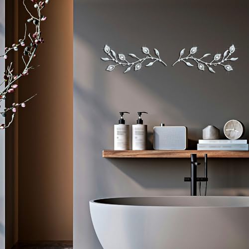 sxnzequnze 2 Set Metal Tree Leaf Wall Art for Home Decor Living Room Bedroom Dining Room Bling Rhinestone, 3D, Iron Branch Hanging Leaf Sculpture Art Pieces -Silver 16.5in*6.7in