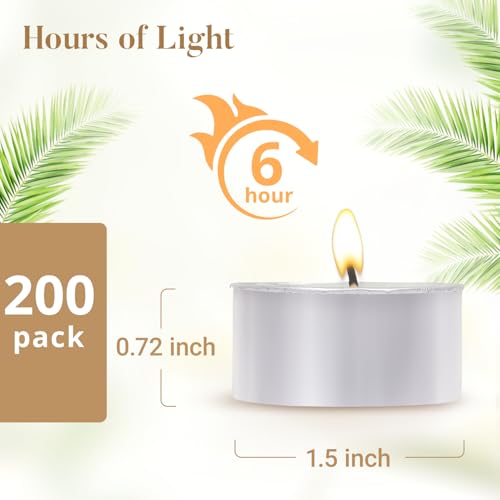 Unscented Tea Lights Candles 200 Pack,6 Hours Long Burning White Tea Candles Bulk,Non-Paraffin, Clean Burn, Smokeless, Palm Tealight Candles for Wedding,Centerpiece,Christmas Lights,Home Decor