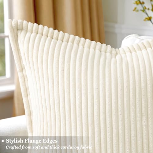 decorUhome Summer Corduroy Cream White Throw Pillow Covers 18x18 Set of 2 Decorative Soft Boho Farmhouse Couch Pillow Covers for Living Room Bed Sofa Broadside Striped Pillow Cases