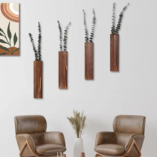Wooden Wall Planter Set of 4 - Modern Home Decor for Living Room, Bedroom, Bathroom - Walnut Finish Planter for Dried Flowers, Faux Greenery, Indoor Plants