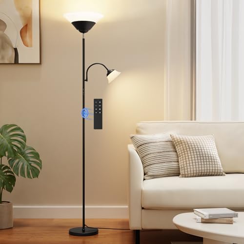 2-in-1 Torchiere Floor Lamp, 34W Super Bright LED Standing Lamp with Remote & Touch Control, 72" Dimmable Adjustable Corner Reading Lamp for Living Room, Bedroom, Office, Black