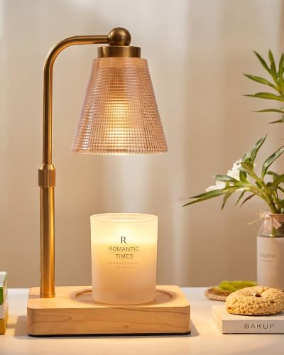 Candle Warmer Lamp with Timer - Adjustable Height & Brightness - Wood Base Glass Shade - 2 Bulbs Included(Square Gold)
