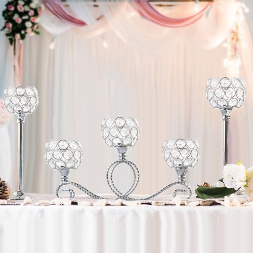 Silver 5 Arm Metal Crystal Tea Light Candle Holder, Elegant Wedding Table Centerpiece Candle Holder, Christmas Wishing Crystal Bowl Candle Holder Suitable for Wedding Party Living Room Decoration