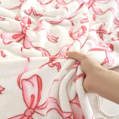Pink Bow Throw Blanket –Spring Mother's Day Soft Fleece Blanket for Girls and Women, Coquette Aesthetic Room Decor for Bed, Couch, Chair, Preppy Bedroom or Gift, Cute Pink Bow Decor Blanket
