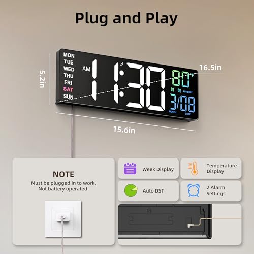 EASYERA 16.5" Large Digital Wall Clock with Anti-Glare Display, RGB Lights with 10 Scenes Mode Remote Control, Adjustable Brightness, Dual Alarms, Auto DST, BT Sync, Temperature for Living Room