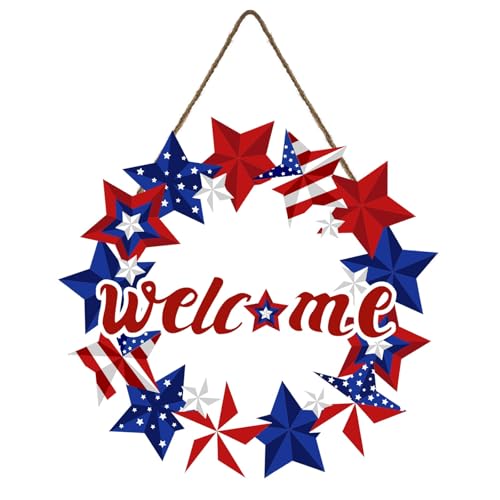 Harooni 4th of July Decorations Door Sign Patriotic Memorial Day Wreath Wooden Hanging Door Sign 11 Inch Red White and Blue Star Welcome Door Hanger Rustic Wooden Plaque for Front Door Wall Porch Yard