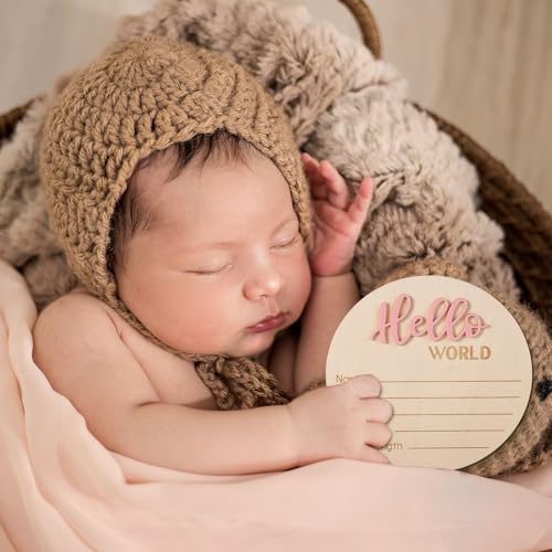 Baby Announcement Sign, 5.9in Wooden Hello World Newborn Signs Birth Announcement Sign Welcome Name Plaques for Newborn Boys and Girls Photo Props Baby Shower Hospital Nursery (Light Pink)