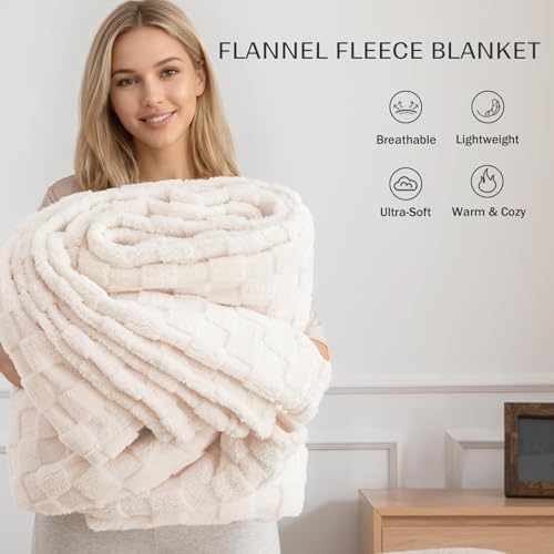 Exclusivo Mezcla Fleece Throw Blanket for Couch and Sofa, Super Soft and Cozy Blankets with Checkered Design, Lightweight, Decorative, All Season Use, 50x60 Inches, Ivory