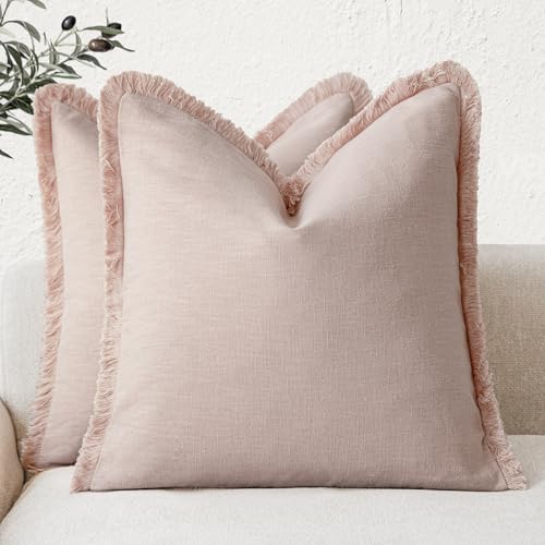 Foindtower Decorative Linen Fringe Throw Pillow Covers 22×22 Light Pink