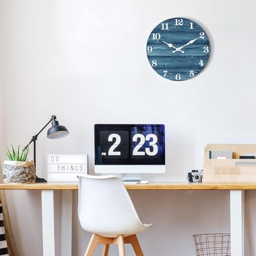 XFM Blue Wall Clock Battery Operated 10 Inch Silent Wood Wall Clocks Country Retro Farmhouse Wall Clock Decorative for Kitchen Living Room Bedroom