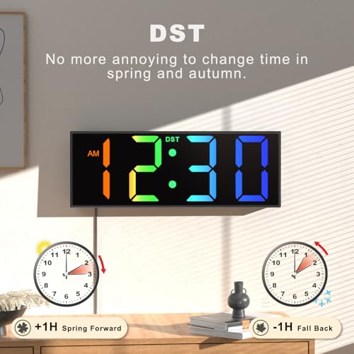 JALL 12" Large Digital Wall Clock, Big LED Number Dispaly, Remote Control, RGB Colors, DST, Night Light for Classroom Living Room Bedroom Birthday Gift for Senior, Men Women (Black, 12 inches)