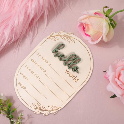 Baby Announcement Sign, 5.91x4.13 Inch Wooden Hello World Baby Name Sign Newborn Announcement Sign Birth Announcement Plaque for Home Hospital Nursery