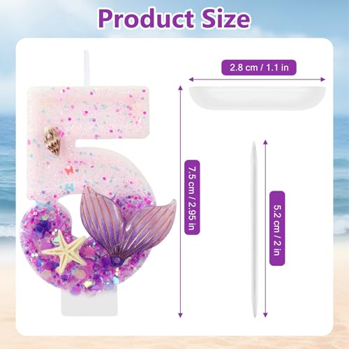Purple Number 5 Candles Mermaid Birthday Candle 5th Birthday Cake Topper Cupcake Decorations for Girls and Women Party Decor Anniversary Celebrations Supplies Favors