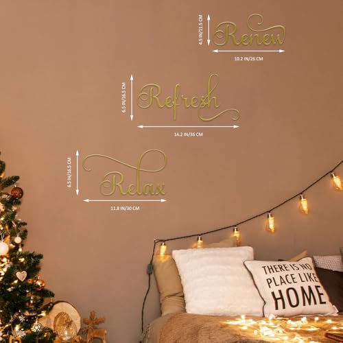 3 Pieces Relax Refresh Renew Bathroom Signs Decor Farmhouse Bathroom Wall Art Sign Gold Metal Relax Renew Refresh Wall Decor for Home Living Room Any Room Bathroom Decoration (Gold)