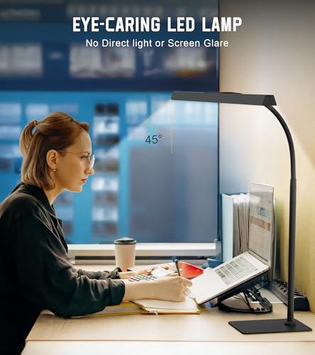 Desk Lamp for Home Office with Base, Eye-Caring Desk Light with Adjustable Gooseneck, 12W USB Adapter Touch Control 5 Dimmable Brightness & Color Tall Lamp for Work, Computer, Study, Task