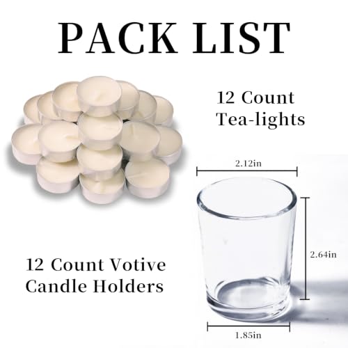 Letine 12-Pack Unscented Tea Light Candles & Glass Votive Holder