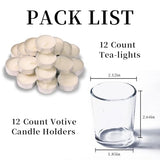 Letine 12-Pack Unscented Tea Light Candles & Glass Votive Holder