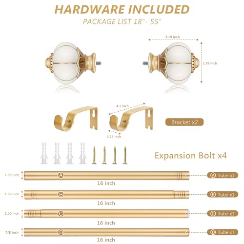 Ceramic Curtain Rods for Windows 18 to 55 Inch,1 Inch Adjustable Telescoping Drapery Rod Heavy Duty Window Treatment Single Curtain Rod Set for Bedroom,Gold Beige