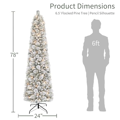 Puleo International 6.5ft Pre-Lit Flocked Portland Pine Pencil Christmas Tree with 300 Clear Lights, 410 Realistic Dense Snow Flocked Branch Tips, Easy Setup Artificial Trees with Sturdy Metal Stand