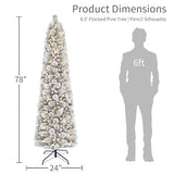 Puleo International 6.5ft Pre-Lit Flocked Portland Pine Pencil Christmas Tree with 300 Clear Lights, 410 Realistic Dense Snow Flocked Branch Tips, Easy Setup Artificial Trees with Sturdy Metal Stand