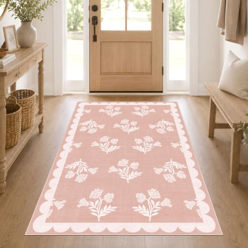 Pink Floral Rug for Girls Bedroom - 3x5 Washable Boho Bathroom Rug