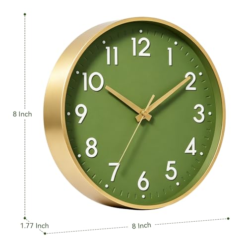 Mosewa Wall Clock 8 Inch, Battery Operated Silent Non-Ticking Modern Analog Clock Decorative for Kitchen, Bedroom, Office(Olive Green and Gold)