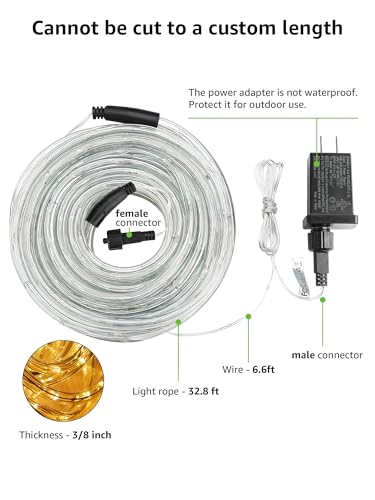 LE 33ft 240 LED Rope Lights Outdoor 24 Volts, 3/8 inch Clear Tube, Upgraded 2700K Warm White, Connectable (Up to 3 Sets), Not Dimmable, Waterproof String Lights for Patio Deck Railing Stair Landscape