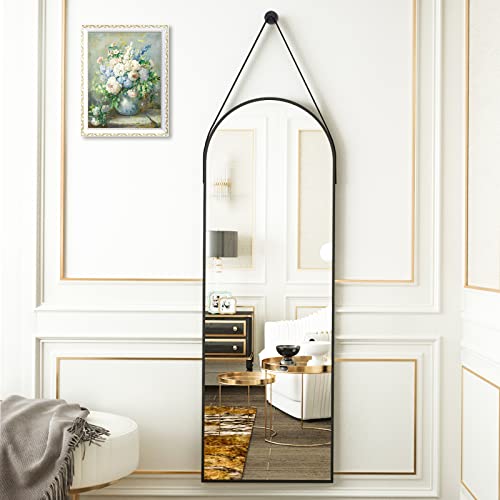 HARRITPURE 16"x48"Arched Mirror with Hanging Leather Strap Full Length Mirror Aluminum Frame Wall-Mounted Arch Hanging Mirrors for Bathroom Vanity Living Room Bedroom Entryway Decor