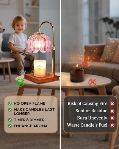 Pink Candle Warmer Lamp with Timer & Dimmer, Candle Lamp Warmer Adjustable Height, Mothers Day Birthday Gifts for Women Mom, House Warming New Home Bedroom Decor, Flower Wax Warmer for Jar Candle