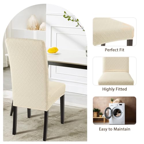SearchI Dining Room Chair Covers Set of 6, Stretch Jacquard Parsons Chair Slipcovers Super Fit Removable Washable Kitchen Chair Protector Cover for Dining Room, Hotel, Ceremony (Beige Rhombus)