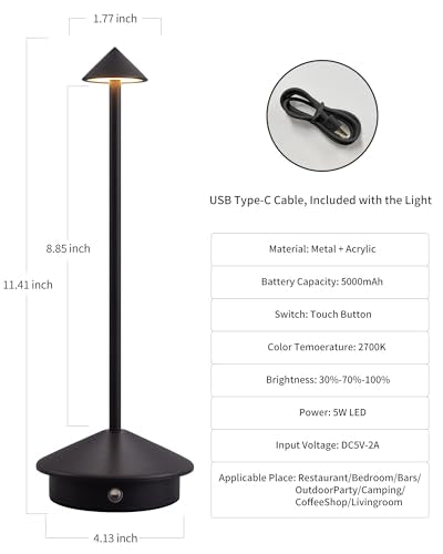 Modern Cordless Table Lamp Set of 2, Portable LED Desk Lamps, 5000mAh Rechargeable Battery Operated Lighting for Bedroom Dining Room Restaurant Coffee Shop Camping Night Light (Black)