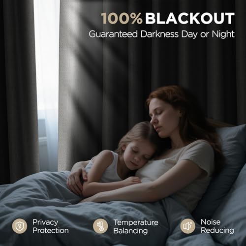 Joydeco 100% Blackout Curtains 63 Inch Length, Living Room Curtain 2 Panels Set, Grommets Room Darkening Textured Thermal Drapes, Greyish White Blackout Curtains for Bedroom (42x63inch)