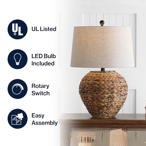 JONATHAN Y 24.5" Natural Water Hyacinth Farmhouse Basket Table Lamp, Coastal Decor for Living Room Bedroom Nightstand, Light Gray Linen Shade, LED Bulb Included JYL6501A