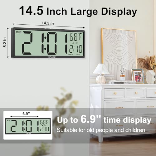 14.5'' Large Digital Wall Clock Battery Operated with Jumbo Numbers, Auto DST, Day, Date, Alarm, Temperature for Living Room, Bedroom, Desk Decor, Gift, LCD Screen Display Easy to Read and Set