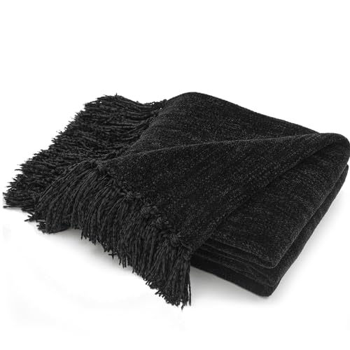RECYCO Chenille Throw Blanket for Couch, 60"x80", Black