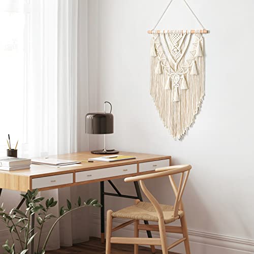 Dremisland Macrame Woven Wall Hanging Boho Geometric Woven Tapestry Beige & Grey Cotton Handmade Bohemian Art Decor with Tassel Craft Ornament for Bedroom Living Room Apartment Nursery (Beige-)