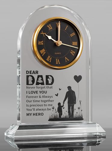 Dad Glass Clock Gift from Daughter or Son, Unique Birthday, Christmas, Dad Valentines Gifts from Girl, Elegant Desk Clock with Base for Dads Who Have Everything