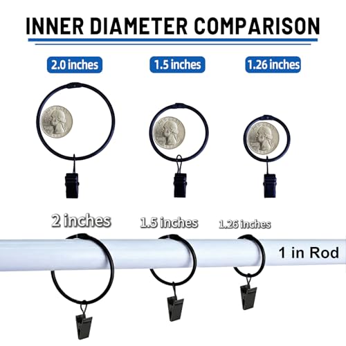 24 Pack 2 Inches Openable Curtain Rings with Clips, Drapery Metal Clip Iron Drapes Hangers Decorative for Windows Rods Rustproof, Black