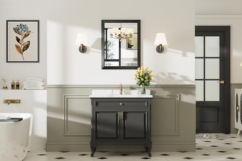 Briivue 24x30 Inch Black Bathroom Mirror for Wall, Thick Metal Framed Rectangle Mirrors for Over Sink, Bedroom, Living Room, Entryway, Anti-Rust, HD Tempered Glass
