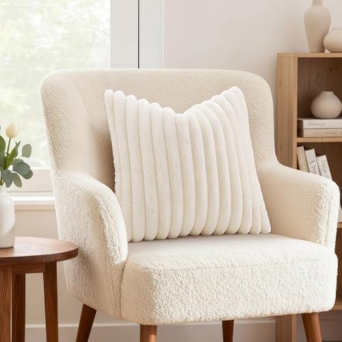 decorUhome Fall Cozy Faux Fur Throw Pillow Covers 18x18 Set of 2 Decorative Soft Plush Striped Modern Farmhouse Boho Couch Pillow Cases with Velvet Back for Sofa Bed Living Room, Cream White