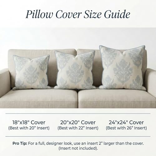 Jillien Harbor “The Naples” Floral Block Print Pillow Cover – Grey and White Blue Decorative Throw Pillow Cover – Grandmillennial Home Decor, 20" x 20"