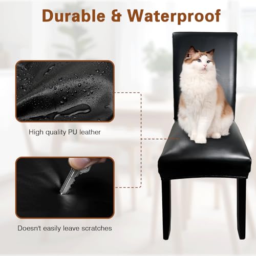 Leather Chair Covers for Dining Chairs Set of 4, Super Stretch Waterproof Kitchen Chair Covers Thickened Washable Dining Chair Slipcovers Black Chair Seat Covers for Dining/Kitchen/Banquet