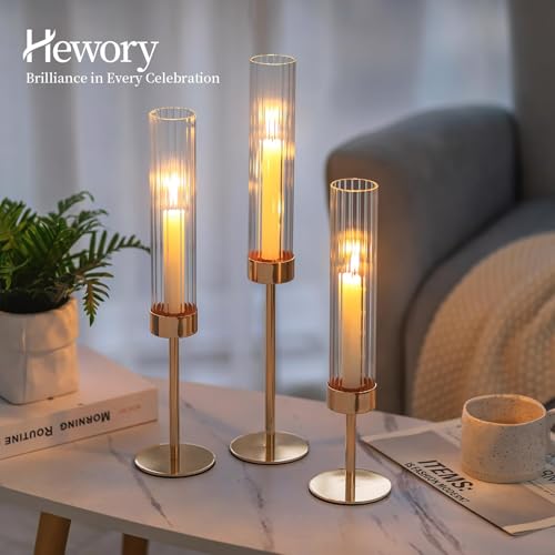Hewory Gold Taper Candle Holders: Candlestick Holders Set of 3 Hurricane Glass Tall Candle Holder for Candlesticks Candle Sticks Holder Decor for Table Centerpiece Wedding Party Christmas Decorations