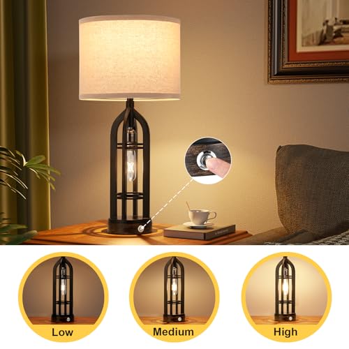 Seealle Table Lamps for Living Room Set of 2 - Black Bedside Lamp for Bedroom with USB C+A & Outlet, Farmhouse Lamps for Night Stands, 3-Way Dimmable Touch Lamps for Living Room with Oat Shade