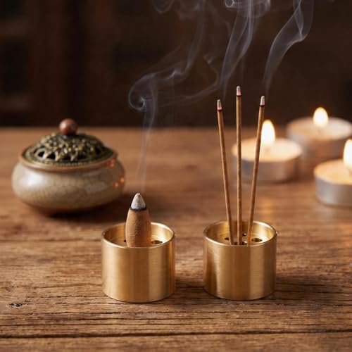 Thinp 2 Pcs Brass Incense Cone Holder, Copper Incense Stick Holders with 9 Holes Small Incenses Burner Holder for Sticks-Incense Stand Base for Yoga Spa Room Home Office (0.8" Dia, 0.6" Tall)