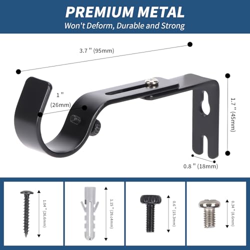 Premium Curtain Rod Brackets for Wall - Adjustable Hooks, Iron Holders for 1 Inch Rod - Black (2 PCS)