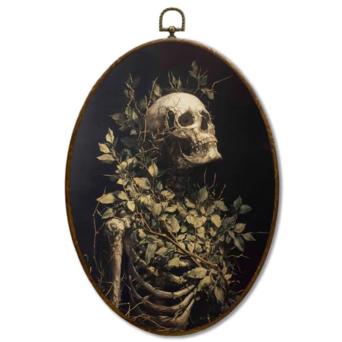 JQF Gothic Botanical Skeleton Oval Wall Decor, Dark Cottagecore Oval Canvas Wall Art, Moody Goth Botanical Skull Skeleton Framed Prints Hanging Decor for Home Bedroom Living Room, 8.5x11.5 Inch