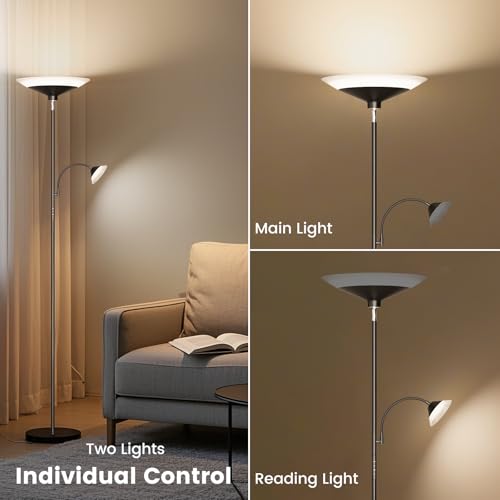 Upgraded 2-in-1 Torchiere Floor Lamp, Dimmable Standing Lamp with Remote&Button Control, 34W Brightness Adjustable Floor Reading Light, Black Modern Corner Lamp for Living Room Bedroom Office