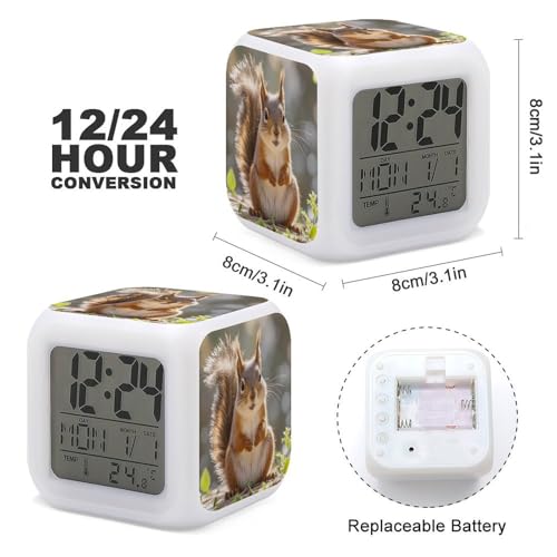 Squirrel Funny Animal Digital Alarm Clock for Heavy Sleepers Small Wake Up Digital Clock with Date Temperature 7 Colors Changing Desk Clock for Bedroom Bedside Nightstand